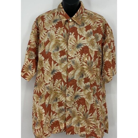 Tori Richard Men Hawaiian Shirt Size Large Tan Maroon Leaf Tropical Aloha Collar - Picture 1 of 8